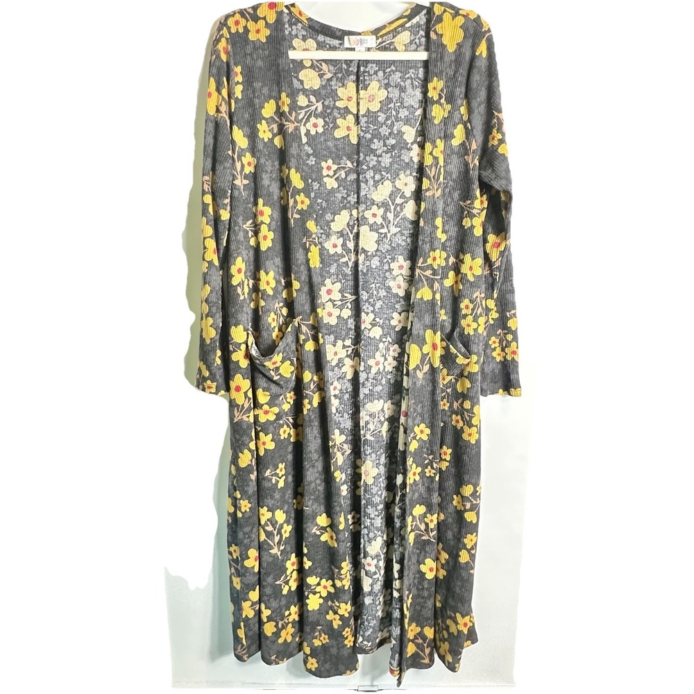 LuLaRoe Floral Rib Knit‎ Duster Cardigan Gray Yellow Womens Size Large Excellent